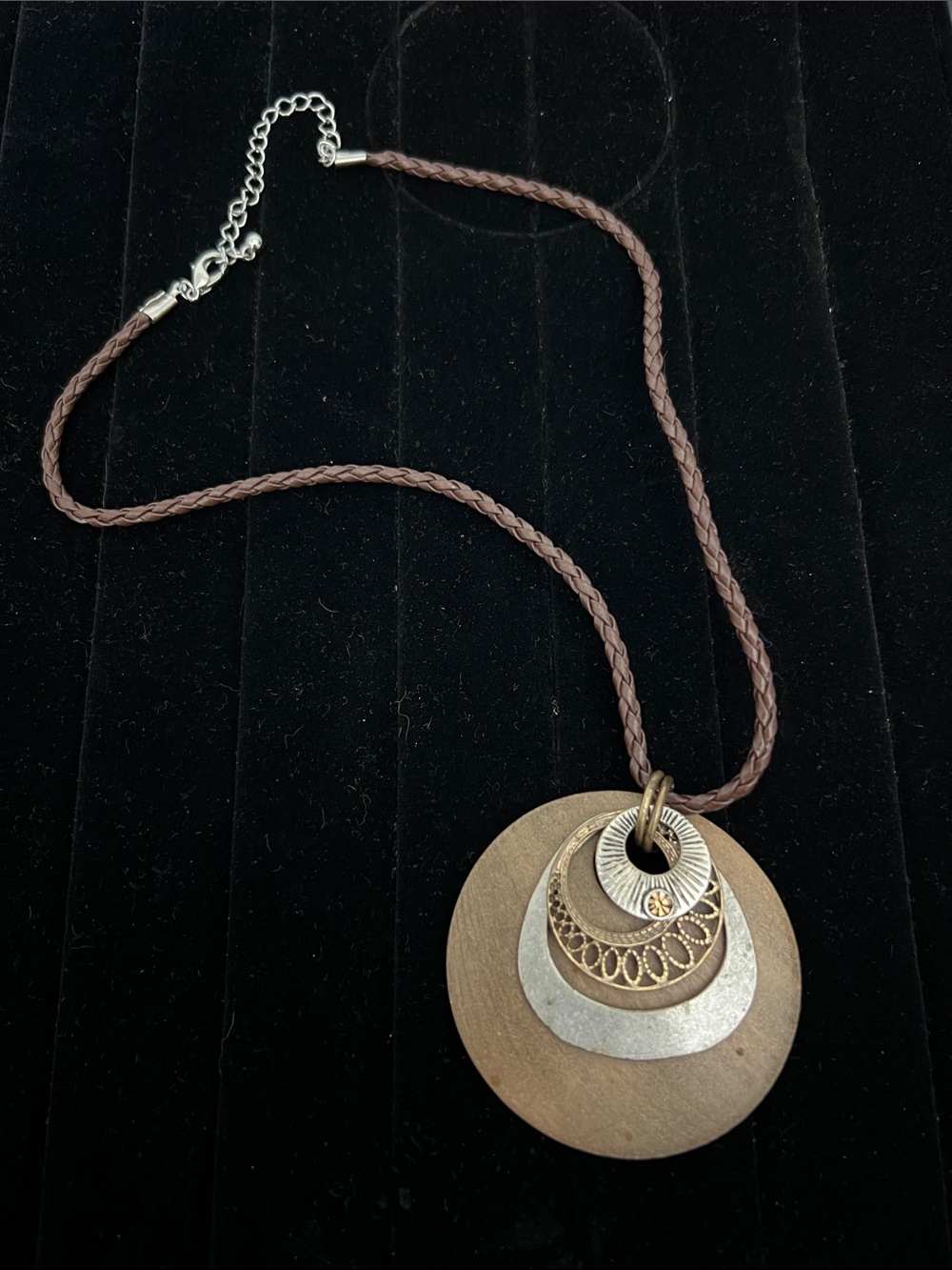 Boho Layered Disc Necklace in Brown with Mixed Metal Accents